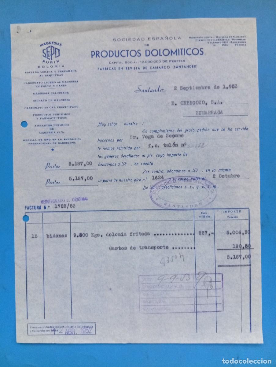 Facturas antiguas: FACTURA. SANTANDER. 1953. SOCIEDAD ESPA&Ntilde;OLA DE PRODUCTOS DOLOMITICOS.