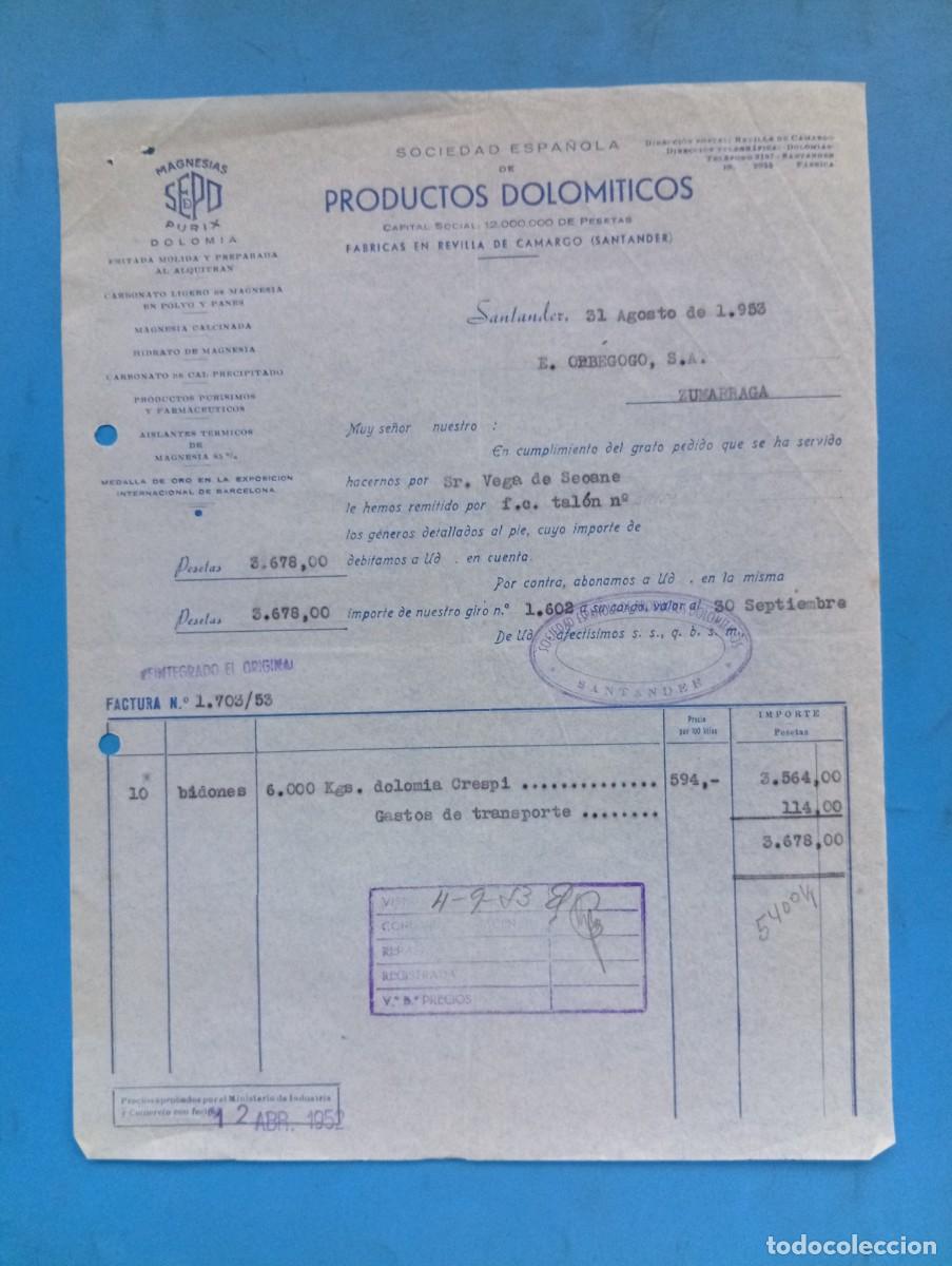 Facturas antiguas: FACTURA. SANTANDER. 1953. SOCIEDAD ESPA&Ntilde;OLA DE PRODUCTOS DOLOMITICOS.