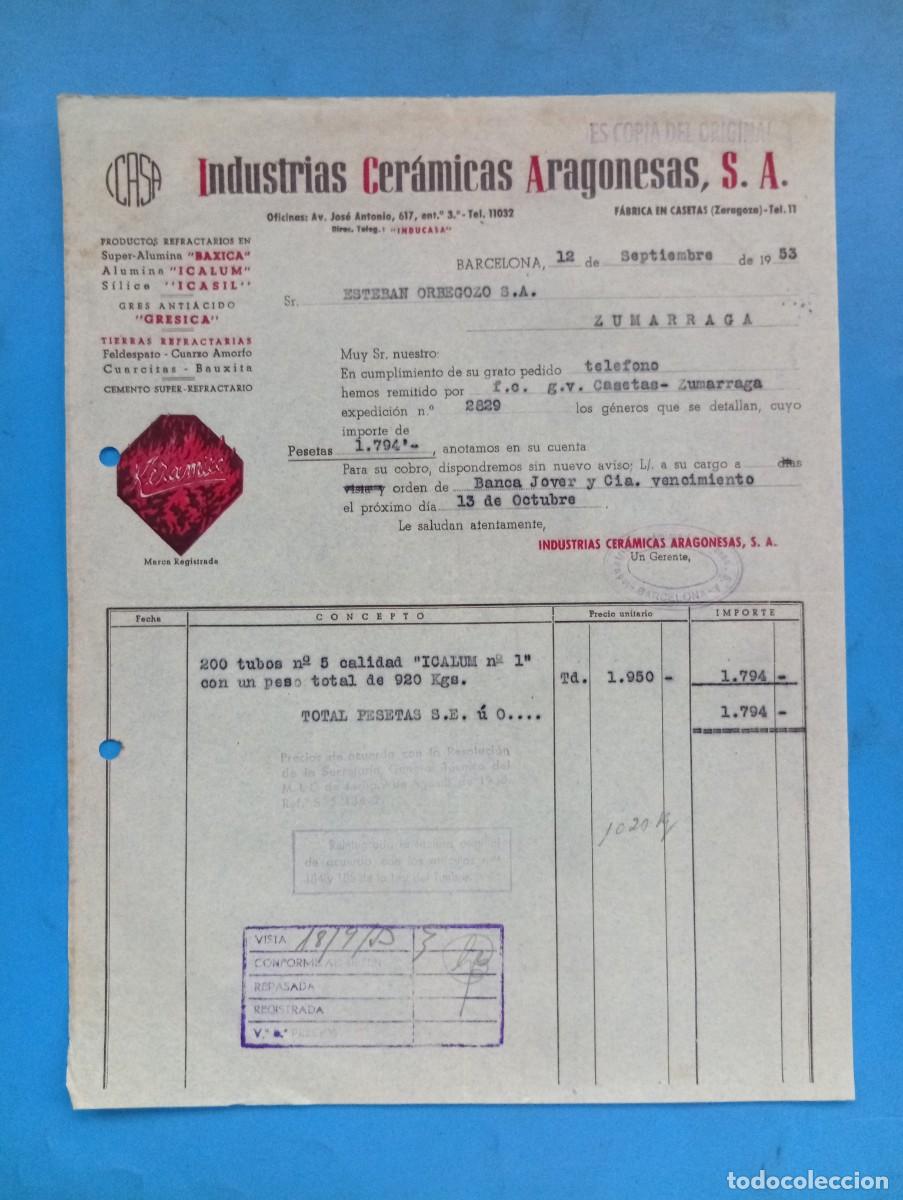 Facturas antiguas: FACTURA. BARCELONA. 1953. INDUSTRIAS CERAMICAS ARAGONESAS, S.A.