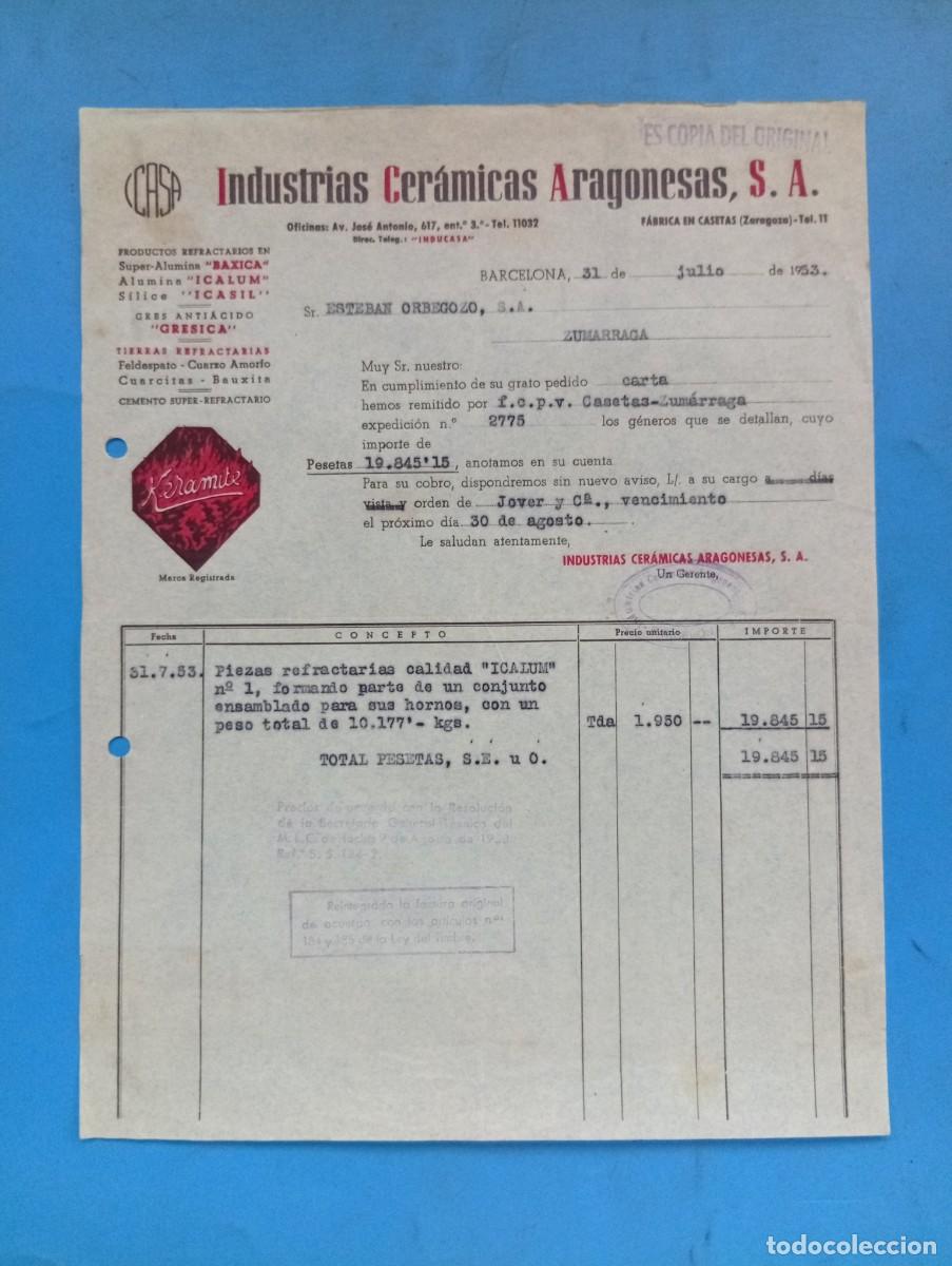 Facturas antiguas: FACTURA. BARCELONA. 1953. INDUSTRIAS CERAMICAS ARAGONESAS, S.A.
