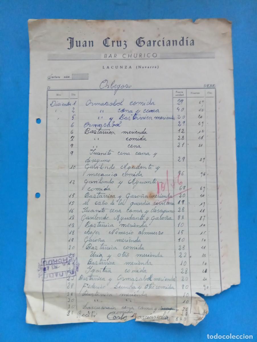Facturas antiguas: FACTURA. LACUNZA, NAVARRA. 1956. BAR CHURICO. JUAN CRUZ GARCIANDIA.