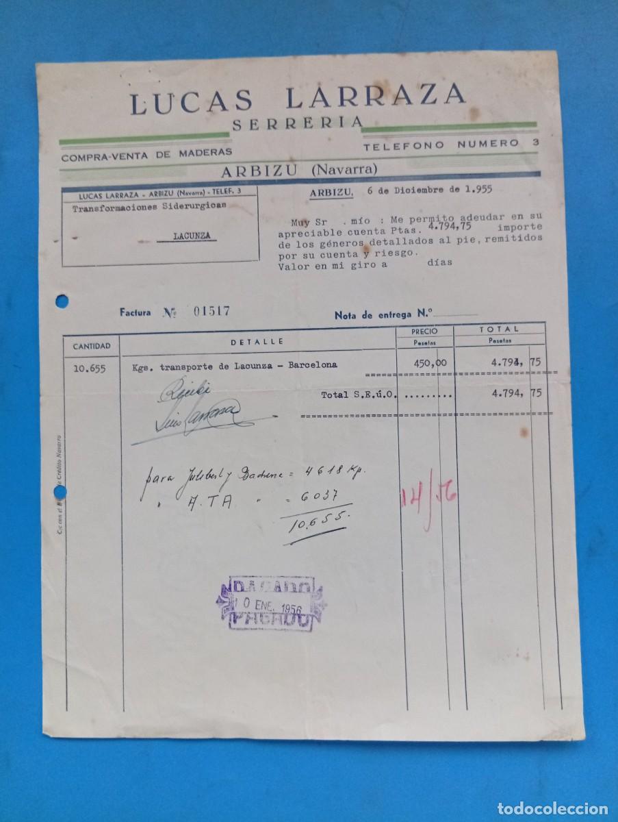 Facturas antiguas: FACTURA. ARBIZU, NAVARRA. 1955. SERRERIA. LUCAS LARRAZA. COMPRA-VENTAS DE MADERAS.