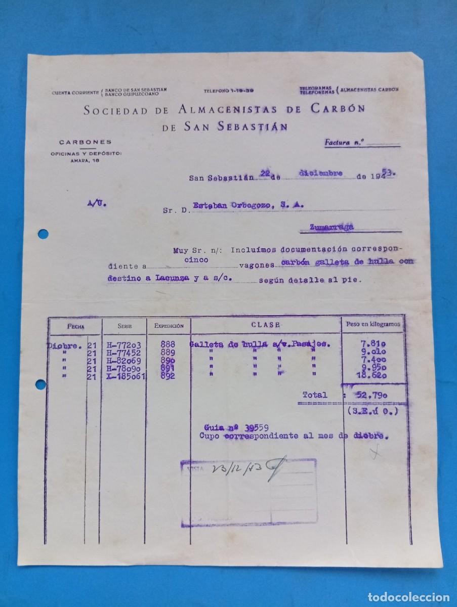 Facturas antiguas: FACTURA. SAN SEBASTIAN. 1953. SOCIEDAD ALMACENISTA DE CARBON DE SAN SEBASTIAN.