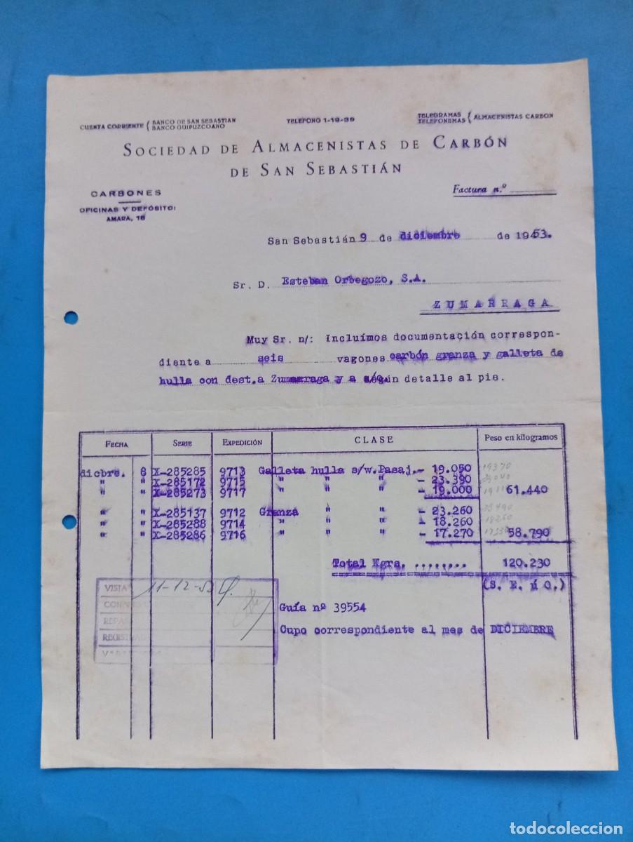 Facturas antiguas: FACTURA. SAN SEBASTIAN. 1953. SOCIEDAD ALMACENISTA DE CARBON DE SAN SEBASTIAN.