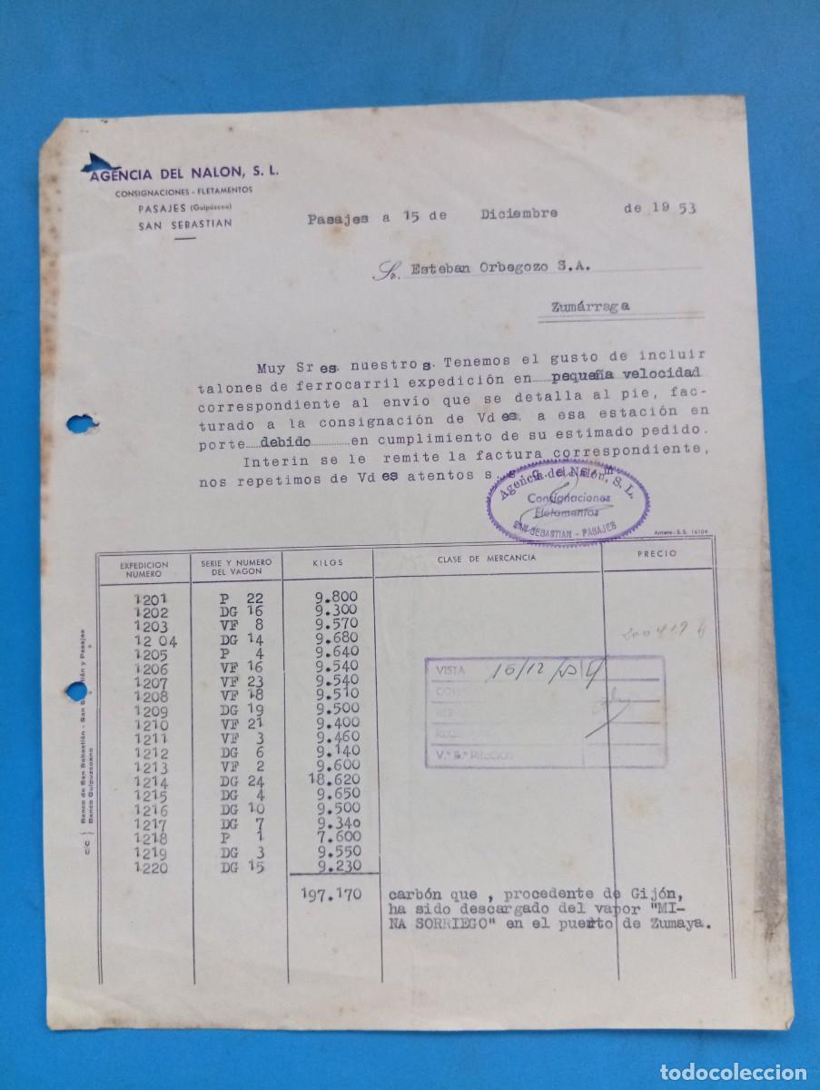 Facturas antiguas: FACTURA. PASAJES, GUIPUZCOA. 1953. CONSIGNACIONES-FLETAMENTOS. AGENCIA DEL NALON, S.L.