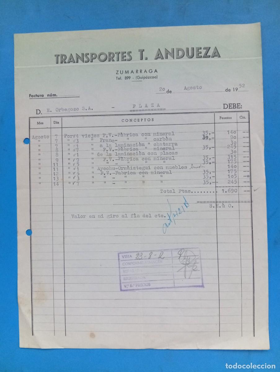 Facturas antiguas: FACTURA. ZUMARRAGA, GUIPUZCOA. 1952. TRANSPORTES T. ANDUEZA.
