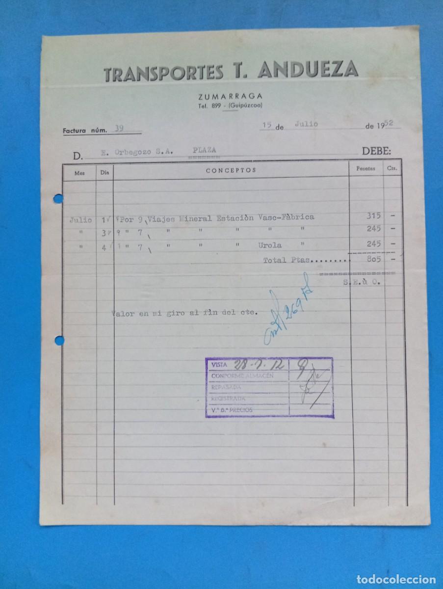 Facturas antiguas: FACTURA. ZUMARRAGA, GUIPUZCOA. 1952. TRANSPORTES T. ANDUEZA.