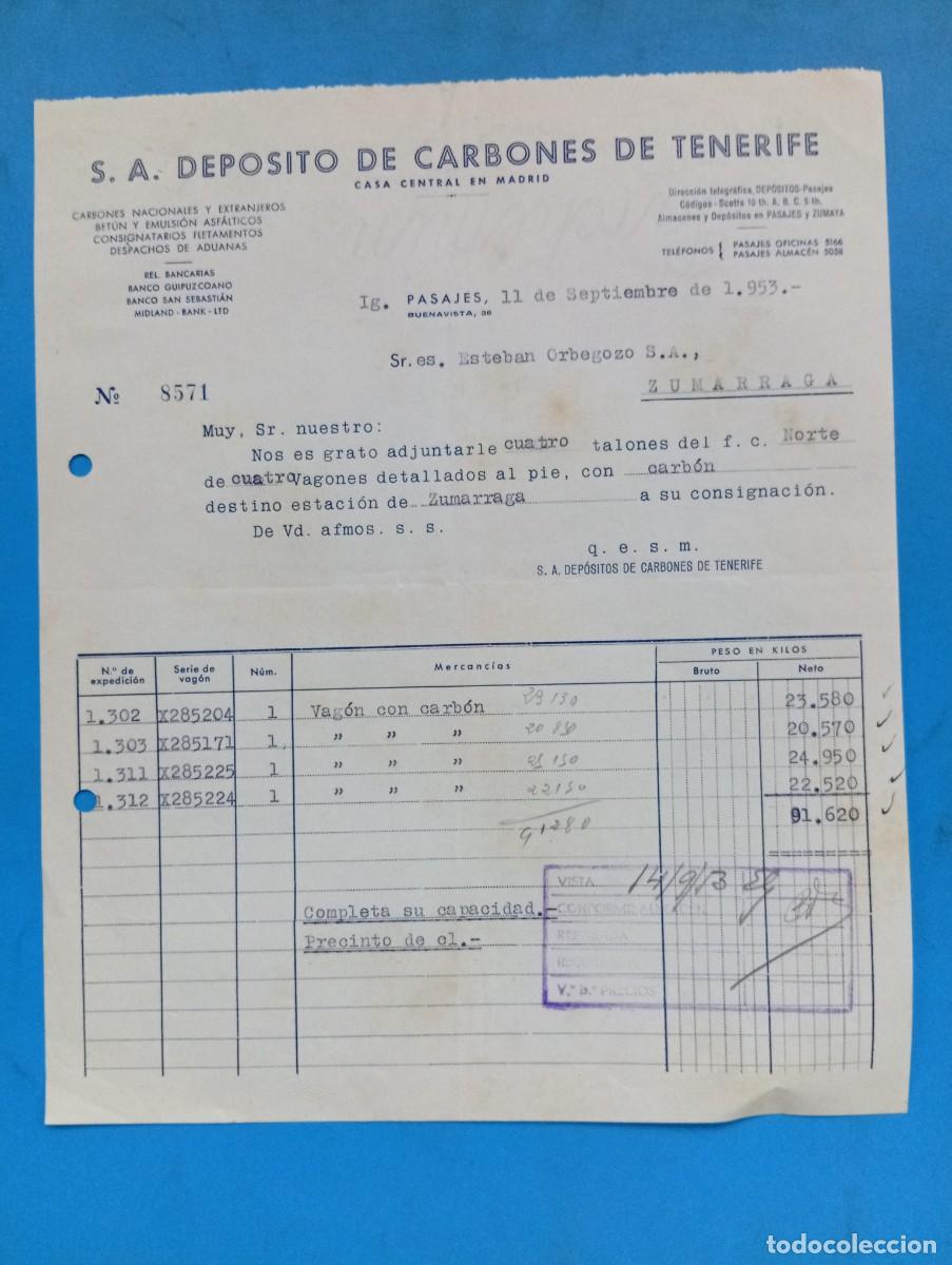 Facturas antiguas: FACTURA. PASAJES, GUIPUZCOA. 1953. S. A. DEPOSITO DE CARBONES DE TENERIFE.