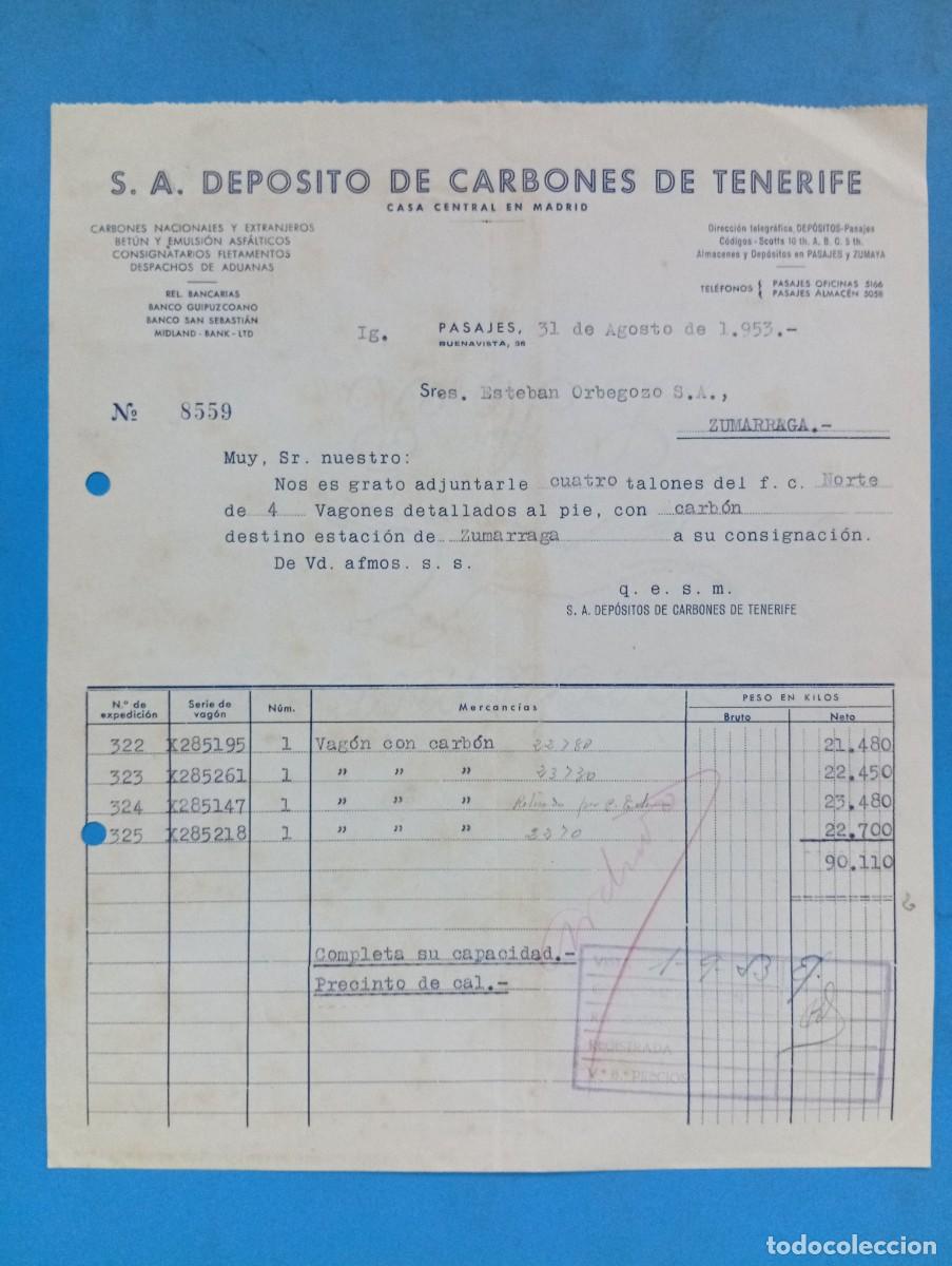 Facturas antiguas: FACTURA. PASAJES, GUIPUZCOA. 1953. S. A. DEPOSITO DE CARBONES DE TENERIFE.