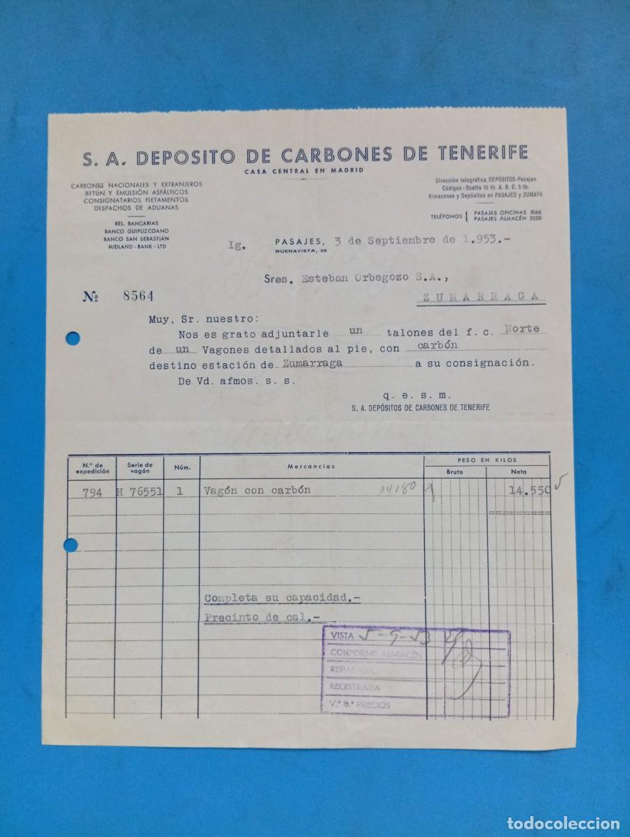 Facturas antiguas: FACTURA. PASAJES, GUIPUZCOA. 1953. S. A. DEPOSITO DE CARBONES DE TENERIFE.