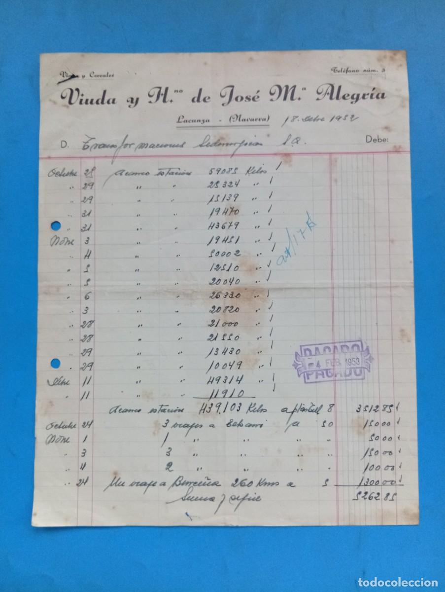 Facturas antiguas: FACTURA. LOCUNZA, NAVARRA. 1952. VIUDA Y HNO. DE JOSE M&ordf;. ALEGRIA. VINOS Y CEREALES.