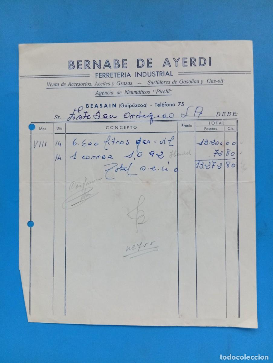 Facturas antiguas: FACTURA. BESAIN, GUIPUZCOA. 1953. FERRETERIA INDUSTRIAL. BERNABE DE AYERDI.