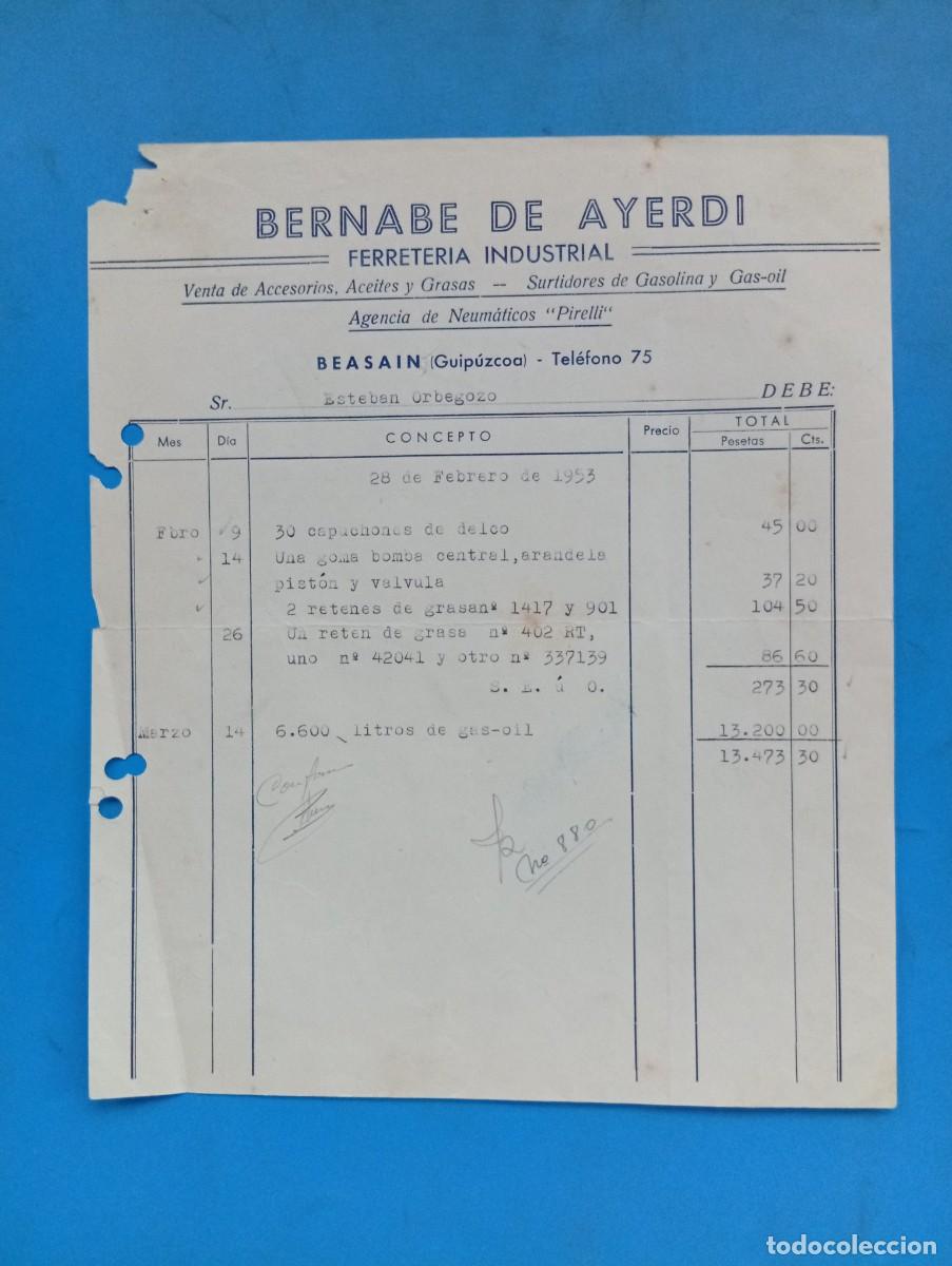 Facturas antiguas: FACTURA. BESAIN, GUIPUZCOA. 1953. FERRETERIA INDUSTRIAL. BERNABE DE AYERDI.
