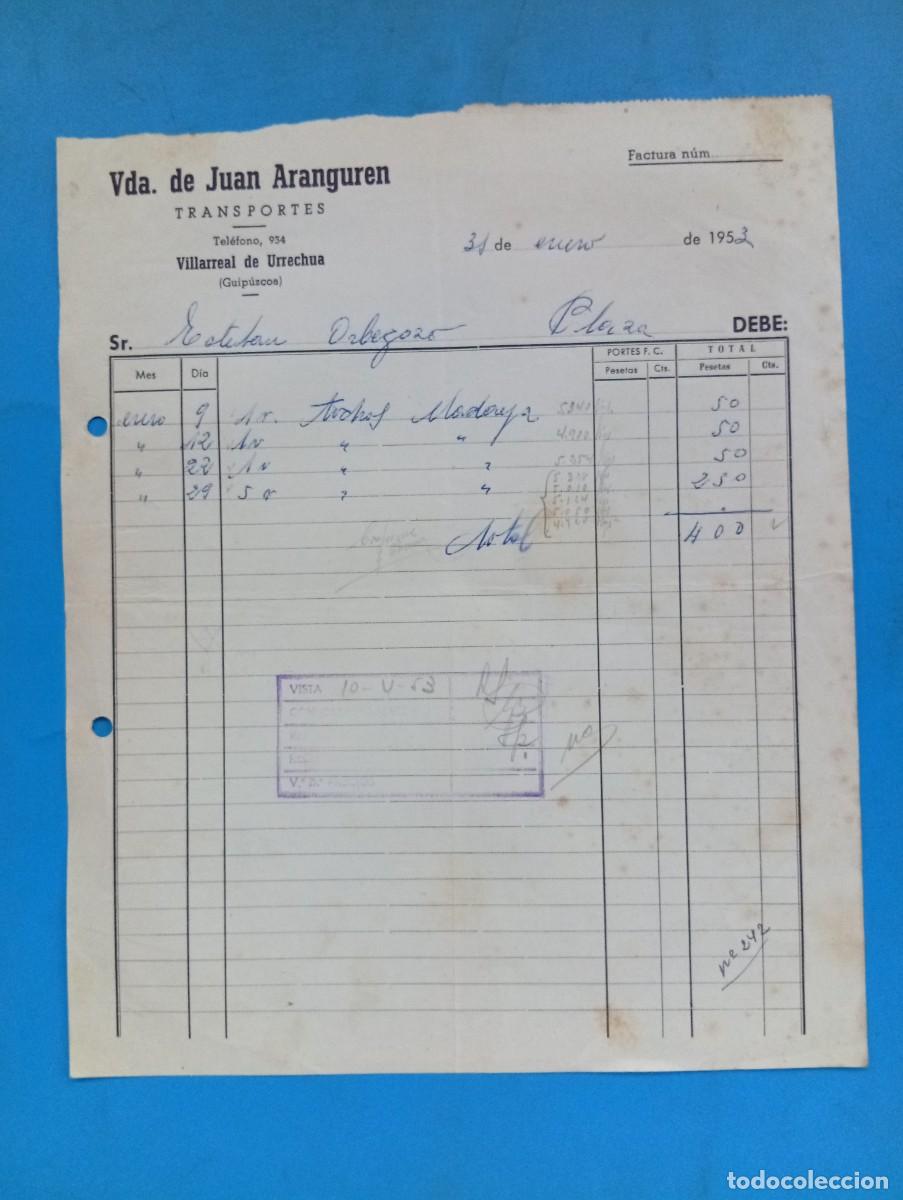 Facturas antiguas: FACTURA. VILLARREAL DE URRECHUA, GUIPUZCOA. 1953. TRANSPORTES. VDA. DE JUAN ARANGUREN.