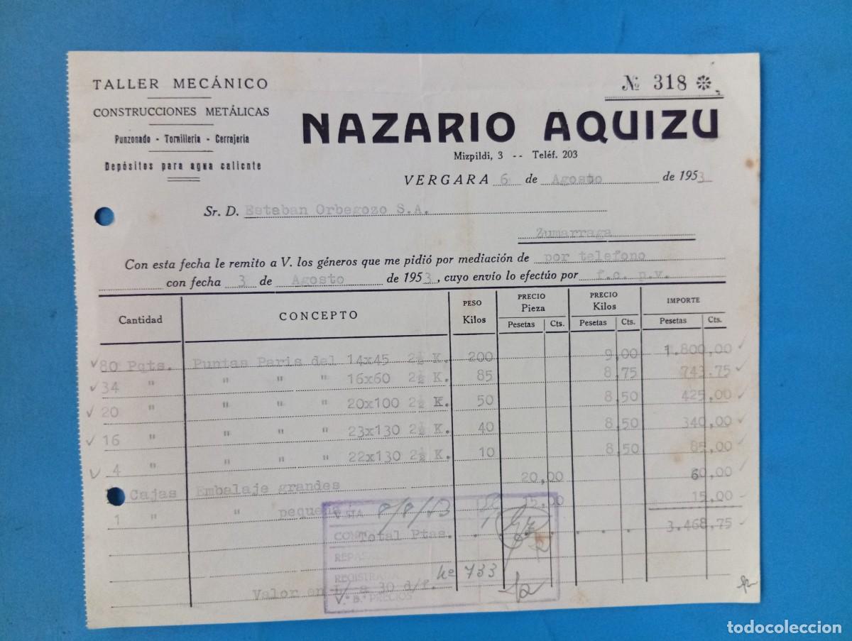 Facturas antiguas: FACTURA. VERGARA, GUIPUZCOA. 1953. TALLER MECANICO. NAZARIO AQUIZU.