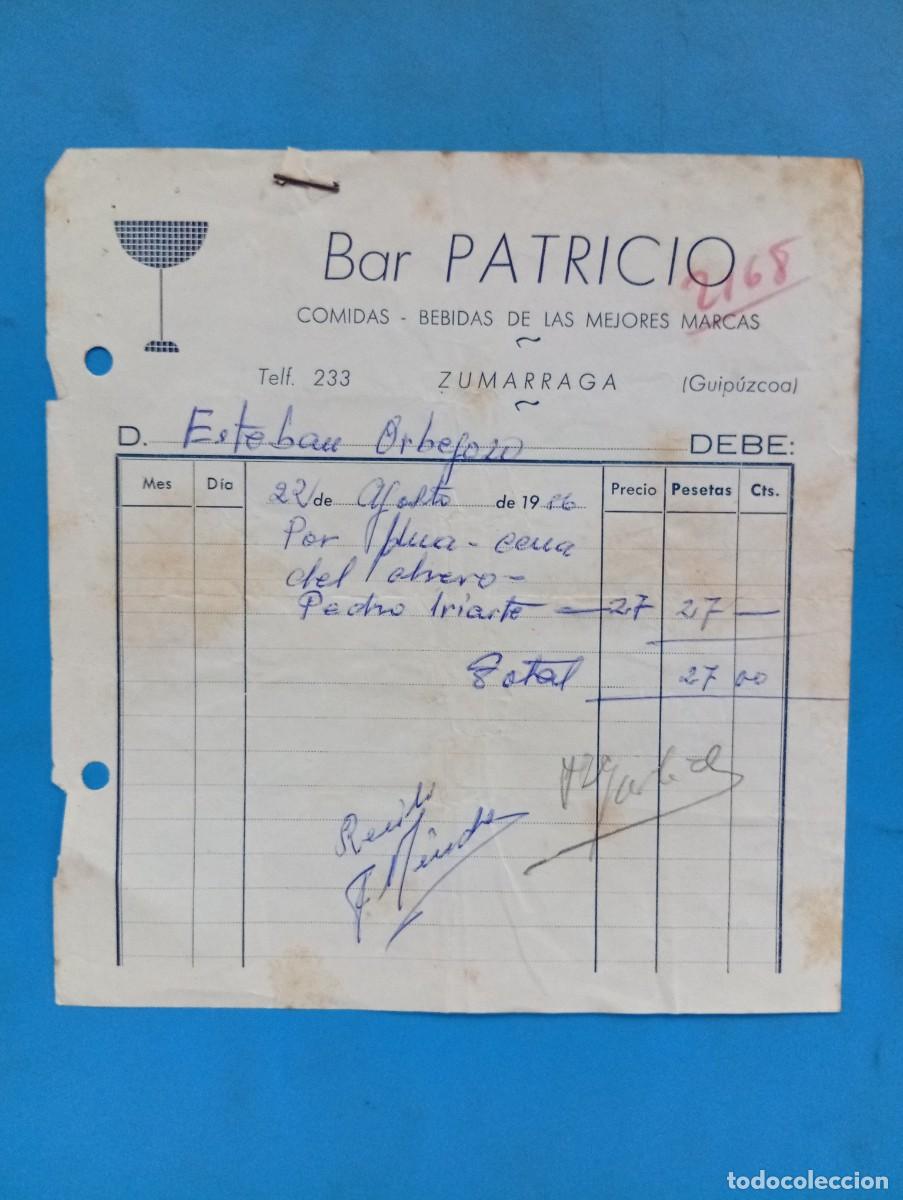 Facturas antiguas: FACTURA. ZUMARRAGA, GUIPUZCOA. 1956. BAR PATRICIO. COMIDAS-BEBIDAS DE LAS MEJORES MARCAS.