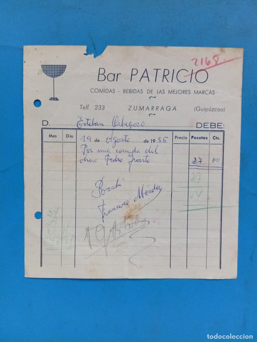 Facturas antiguas: FACTURA. ZUMARRAGA, GUIPUZCOA. 1956. BAR PATRICIO. COMIDAS-BEBIDAS DE LAS MEJORES MARCAS.
