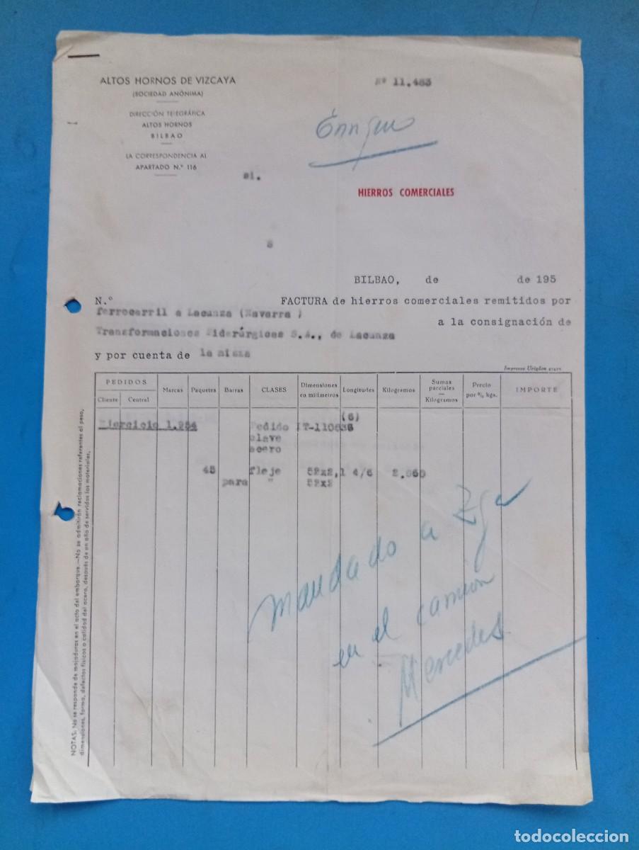 Facturas antiguas: FACTURA. BILBAO. 1954. ALTOS HORNOS DE VIZCAYA, S.A. HIERROS COMERCIALES. 2 HOJAS.
