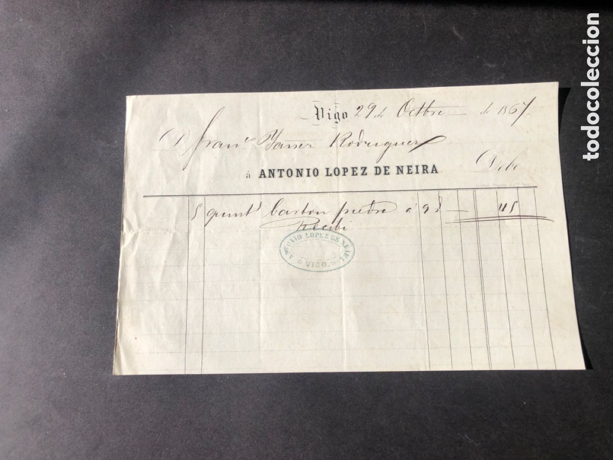 Facturas antiguas: Antigua y rara factura de pago ANTONIO LOPEZ DE NEIRA VIGO