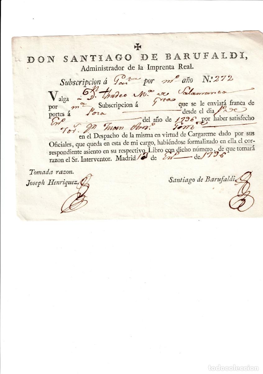 Facturas antiguas: Recibo, suscripci&oacute;n a Gaceta 1796. Firma de Santiago de Barufaldi.