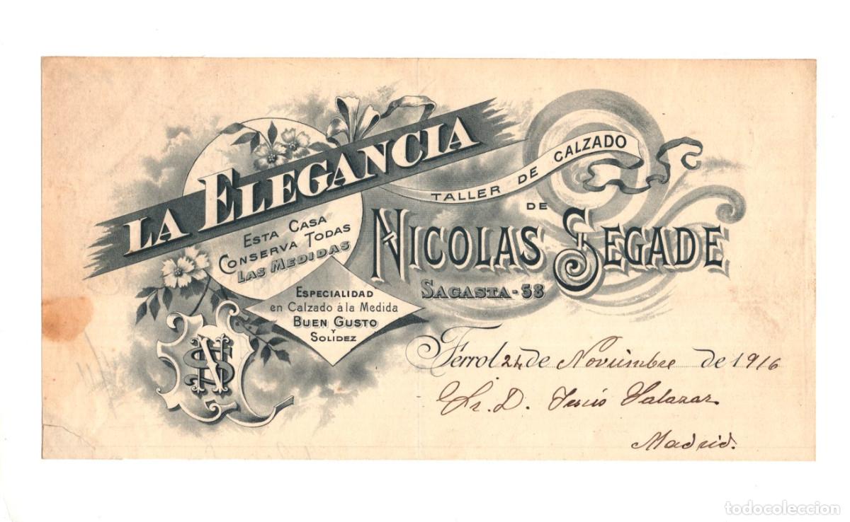 Facturas antiguas: ENCABEZADO. FACTURA EMITIDO POR EL TALLER DE CALZADO DE NICOL&Aacute;S SEGADE. FERROL, 24 NOVIEMBRE 1916.
