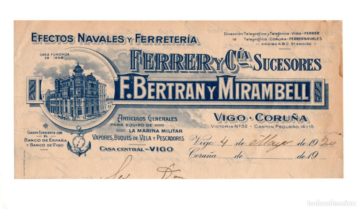 Facturas antiguas: ENCABEZADO. FACTURA EFECTOS NAVALES Y FERRETER&Iacute;A. ART&Iacute;CULOS PARA LA MARINA MILITAR. 4 MAYO 1920 VIGO