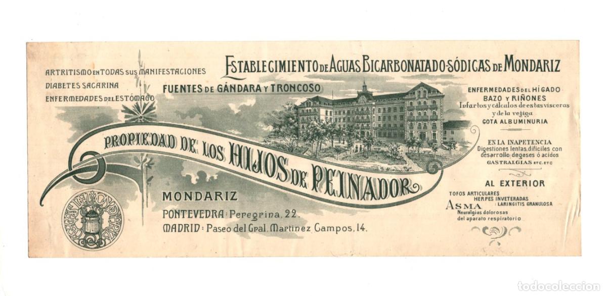 Facturas antiguas: ENCABEZADO. FACTURA BALNEARIO DE MONDARIZ, UN CONOCIDO CENTRO TERMAL EN PONTEVEDRA, GALICIA.