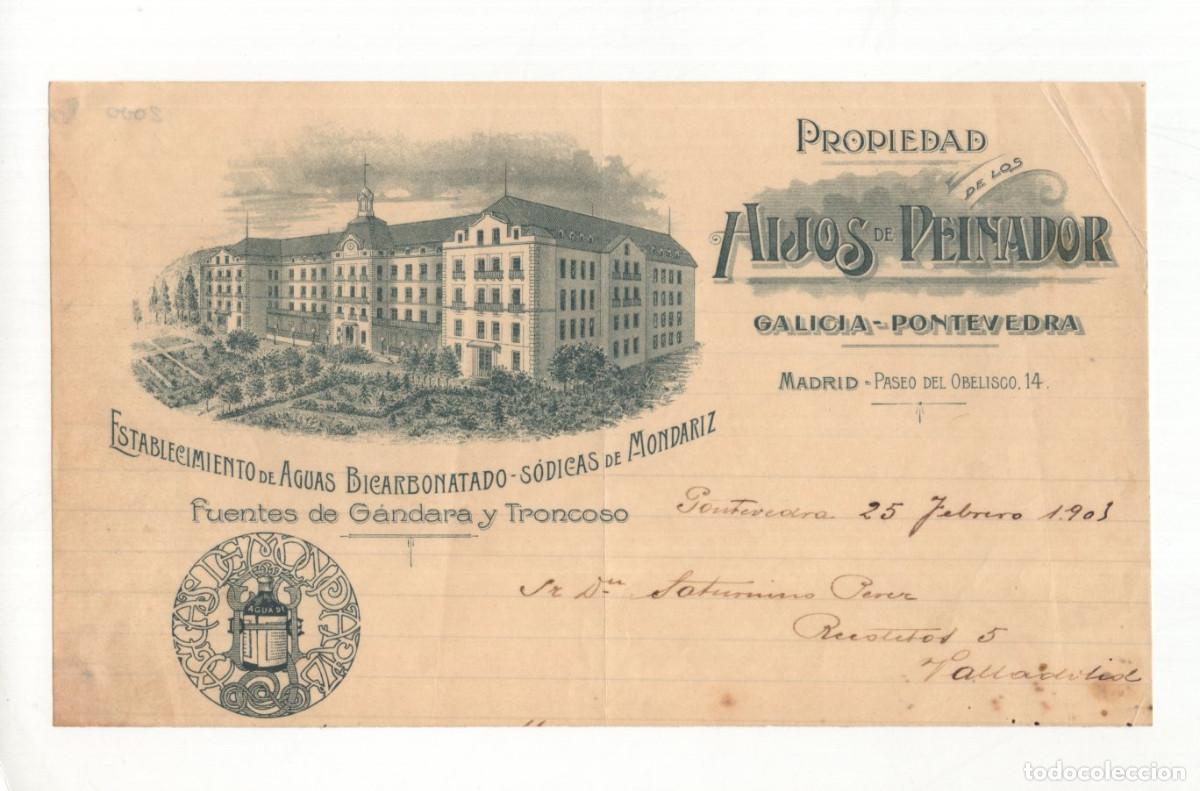 Facturas antiguas: ENCABEZADO. FACTURA BALNEARIO DE MONDARIZ EN PONTEVEDRA, PROPIEDAD DE LA FAMILIA PEINADOR. 1903.