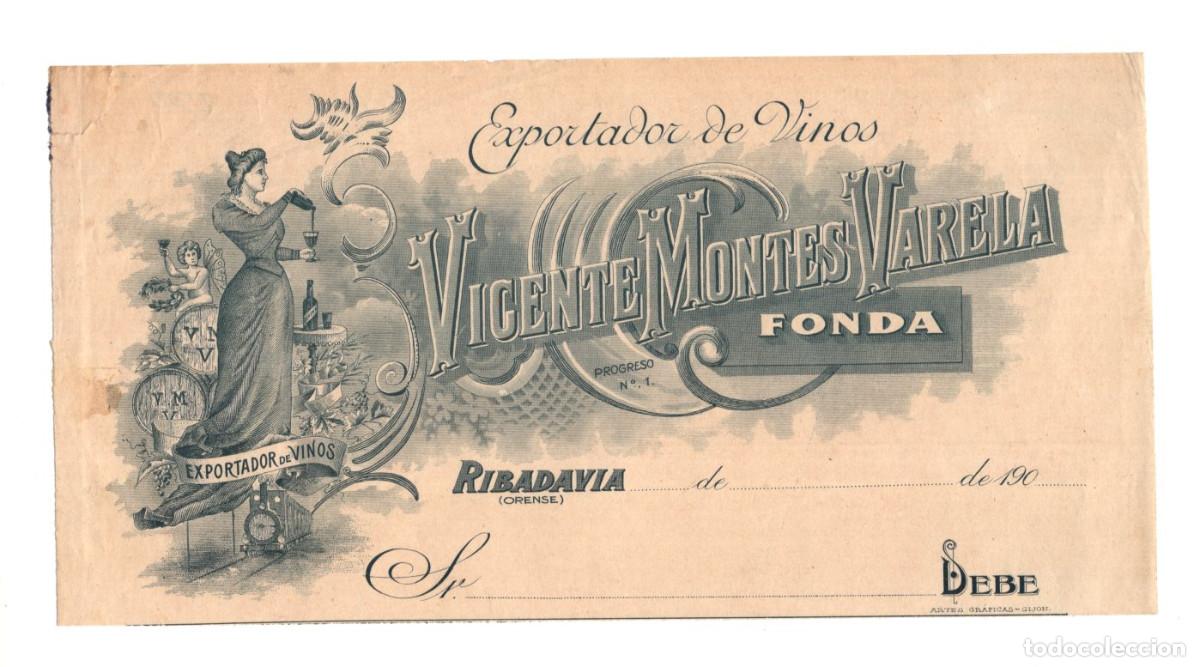 Facturas antiguas: ENCABEZADO. FACTURA VICENTE MONTES VARELA. FONDA. EXPORTADOR DE VINOS. RIBADAVIA(ORENSE).