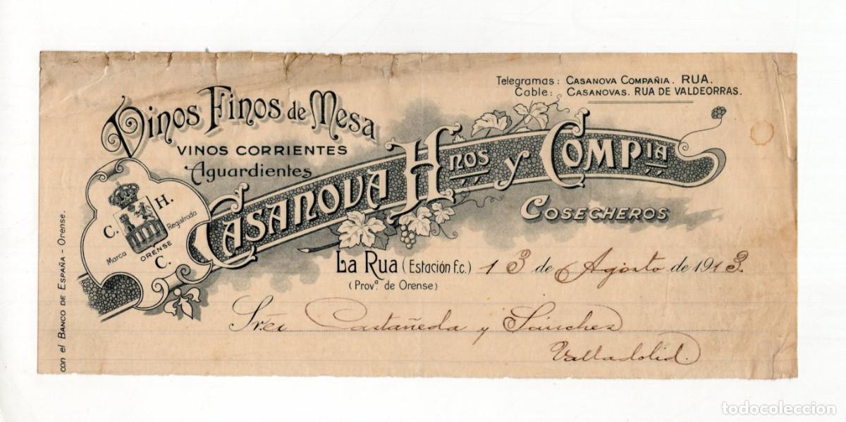 Facturas antiguas: ENCABEZADO. FACTURA BODEGA CASANOVA HIJOS Y COMP&ordf;, FECHADA EL 13 DE AGOSTO DE 1913 EN LA R&Uacute;A, ORENSE