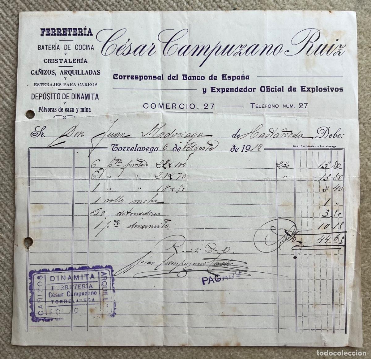 Facturas antiguas: Factura C&eacute;sar Campuzano Ruiz - Torrelavega - Ferreter&iacute;a, Dep&oacute;sito de Dinamita y P&oacute;lvoras de caza y m