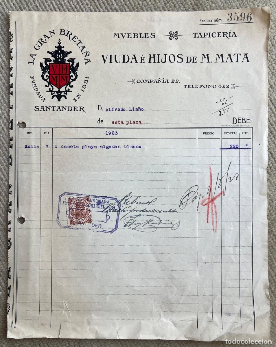 Facturas antiguas: Factura de Muebles y Tapicer&iacute;a Viuda &eacute; Hijos de M. Mata (La Gran Breta&ntilde;a) - Santander, 1923