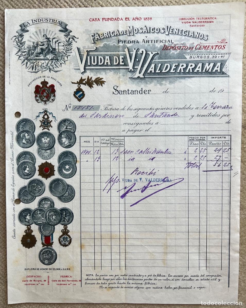 Facturas antiguas: Factura de Viuda de V. Valderrama (Santander) - F&aacute;brica de Mosaicos Venecianos