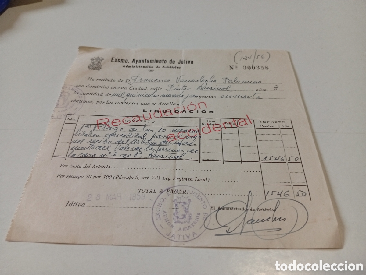 Facturas antiguas: Exmo ayuntamiento de J&Aacute;TIVA, recaudaci&oacute;n accidental 1959