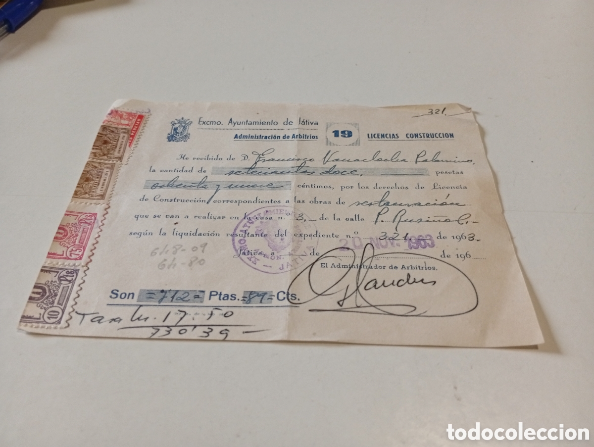 Facturas antiguas: Excmo Ayuntamiento de J&aacute;tiva licencias construcci&oacute;n