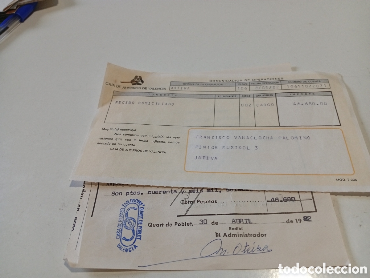 Facturas antiguas: Factura Casa de Reposo San Onofre, pensi&oacute;n completa 1982