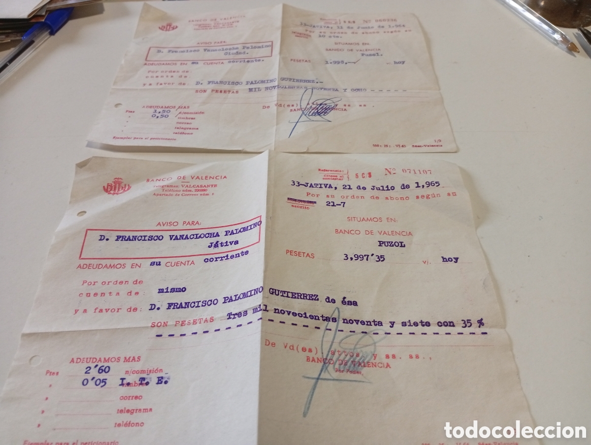 Facturas antiguas: Banco de Valencia adeudamos J&aacute;tiva 1965