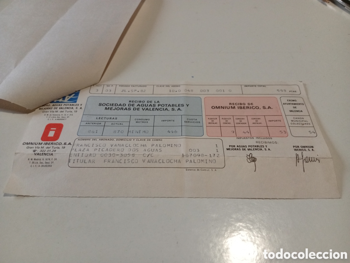 Facturas antiguas: Recibo de la sociedad de aguas potables y mejoras de Valencia