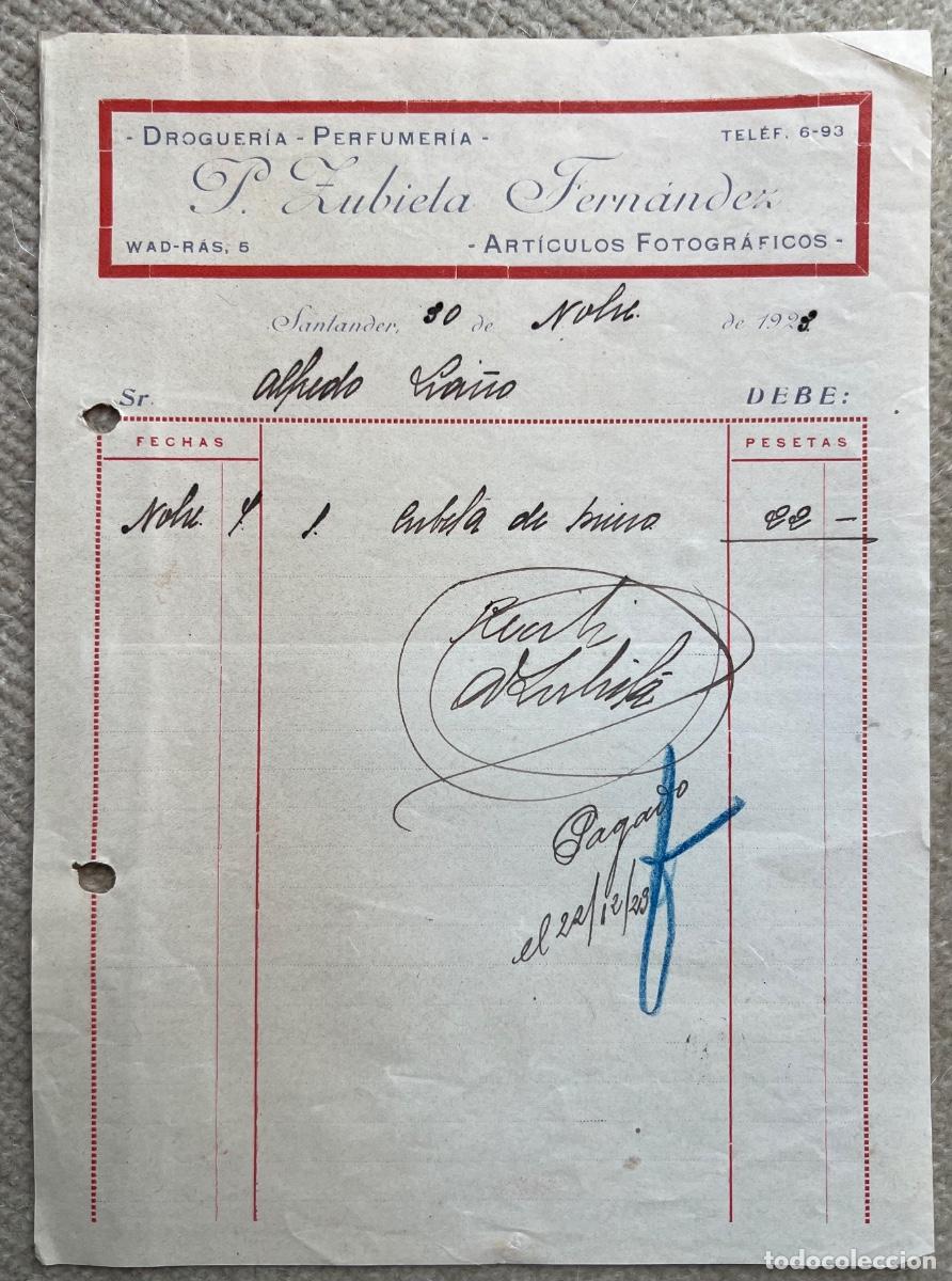 Facturas antiguas: Factura de P. Zubieta Fern&aacute;ndez (Santander, 1923) - Art&iacute;culos Fotogr&aacute;ficos, Droguer&iacute;a, Perfumer&iacute;a