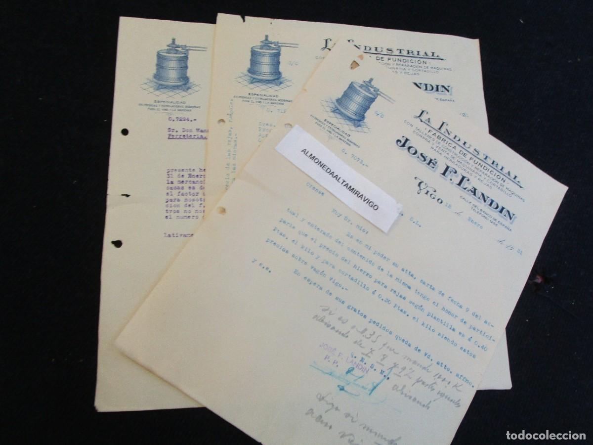 Facturas antiguas: VIGO 931 &rdquo; LA INDUSTRIAL &rdquo; JOS&Eacute; F. LANDIN - 3 CARTAS A ORENSE FUNDICION ESTRUJADORAS UVA Y MANZANA.