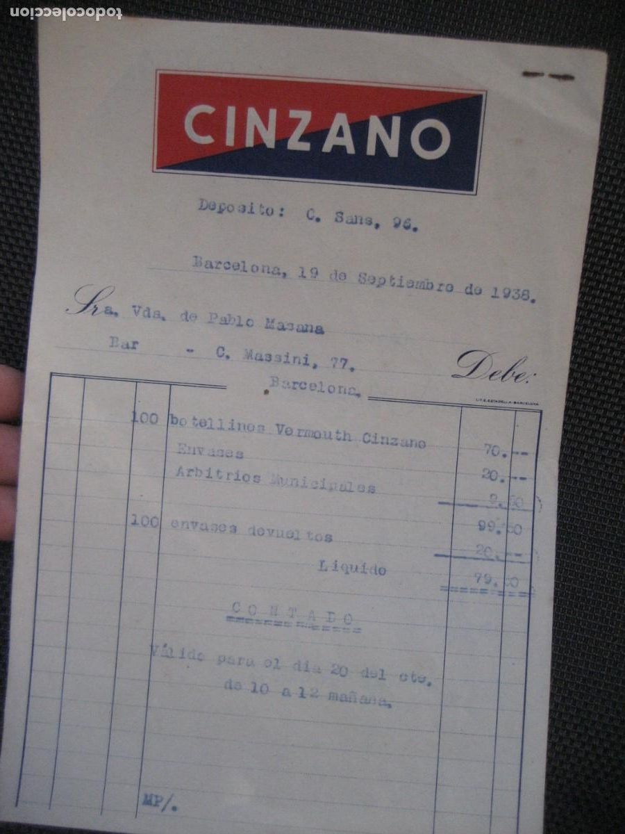 Facturas antiguas: 2 facturas de Vermouth Cinzano . 1938 . Bar Masana y bar Mundial de Barcelona