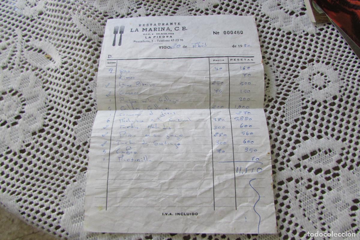 Facturas antiguas: FACTURA RESTAURANTE LA MARINA C.B. LA PIEDRA VIGO 1990