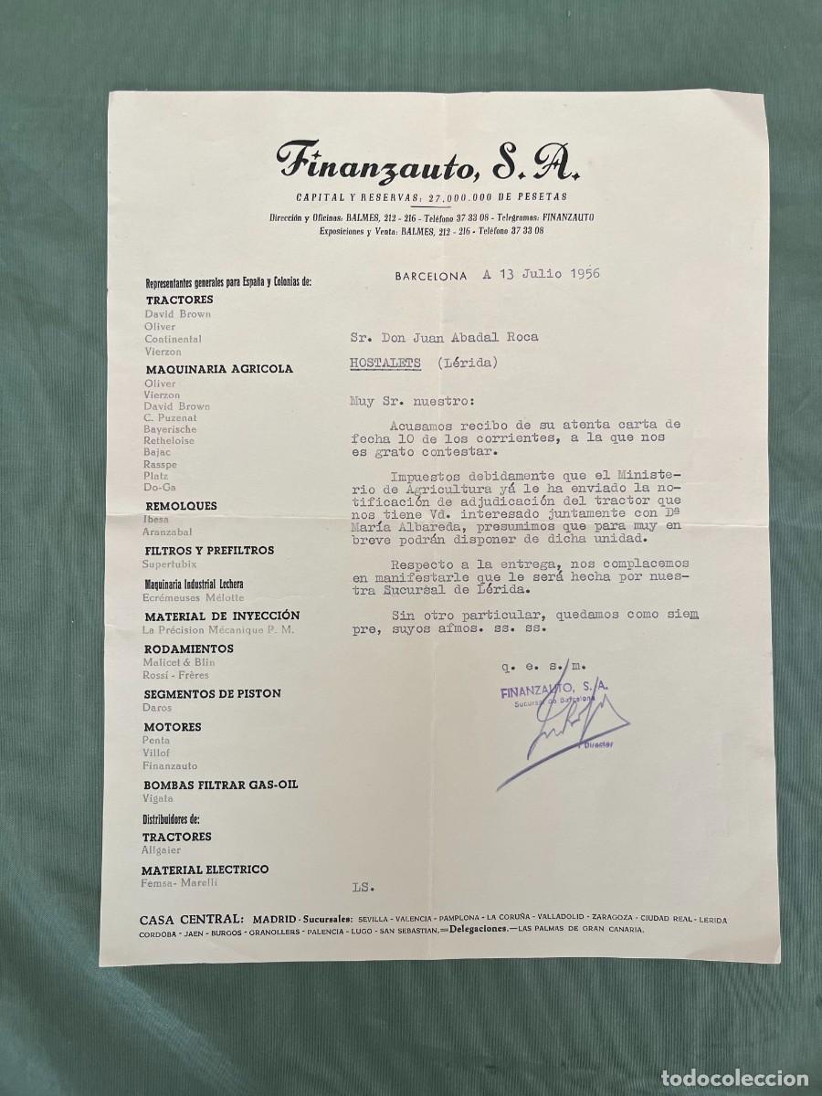 Facturas antiguas: CARTA COMUNICACI&Oacute;N ADJUDICACI&Oacute;N TRACTOR FINANZAUTO - JULIO 1956