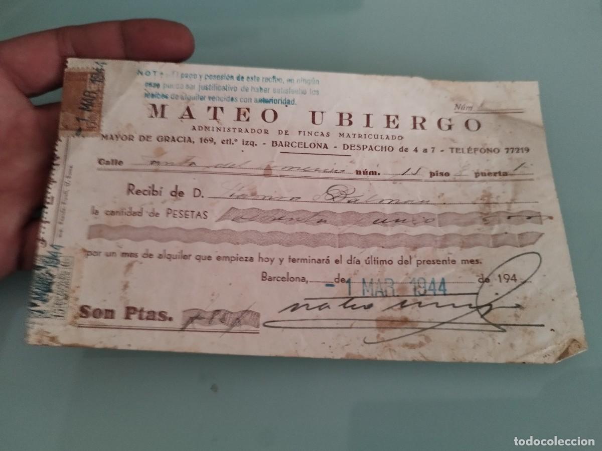 Facturas antiguas: Antiguo recibo de alquiler original fechado en Barcelona en marzo de 1944.. A&ntilde;os 30.