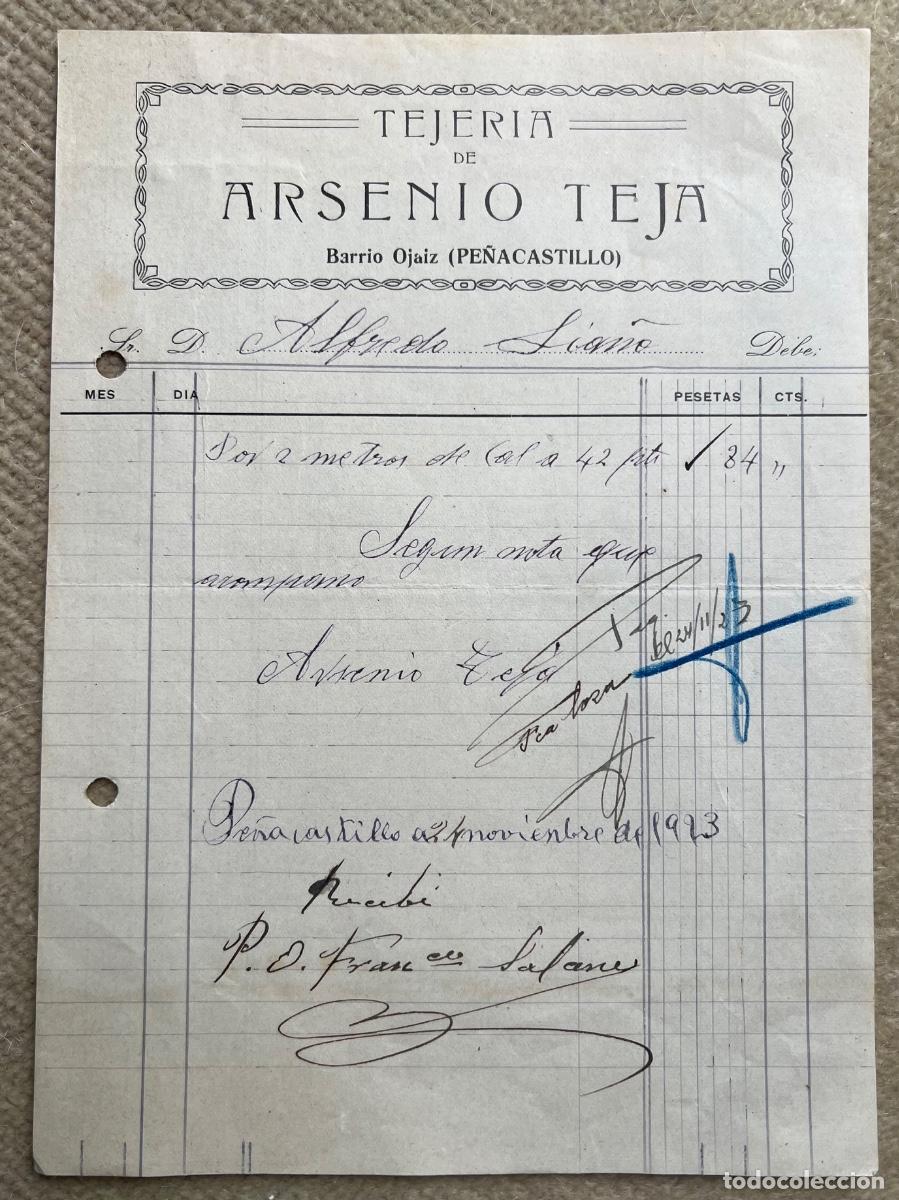 Facturas antiguas: Factura Tejer&iacute;a de Arsenio Teja - Barrio de Ojaiz (Pe&ntilde;acastillo) - Santander, 1923