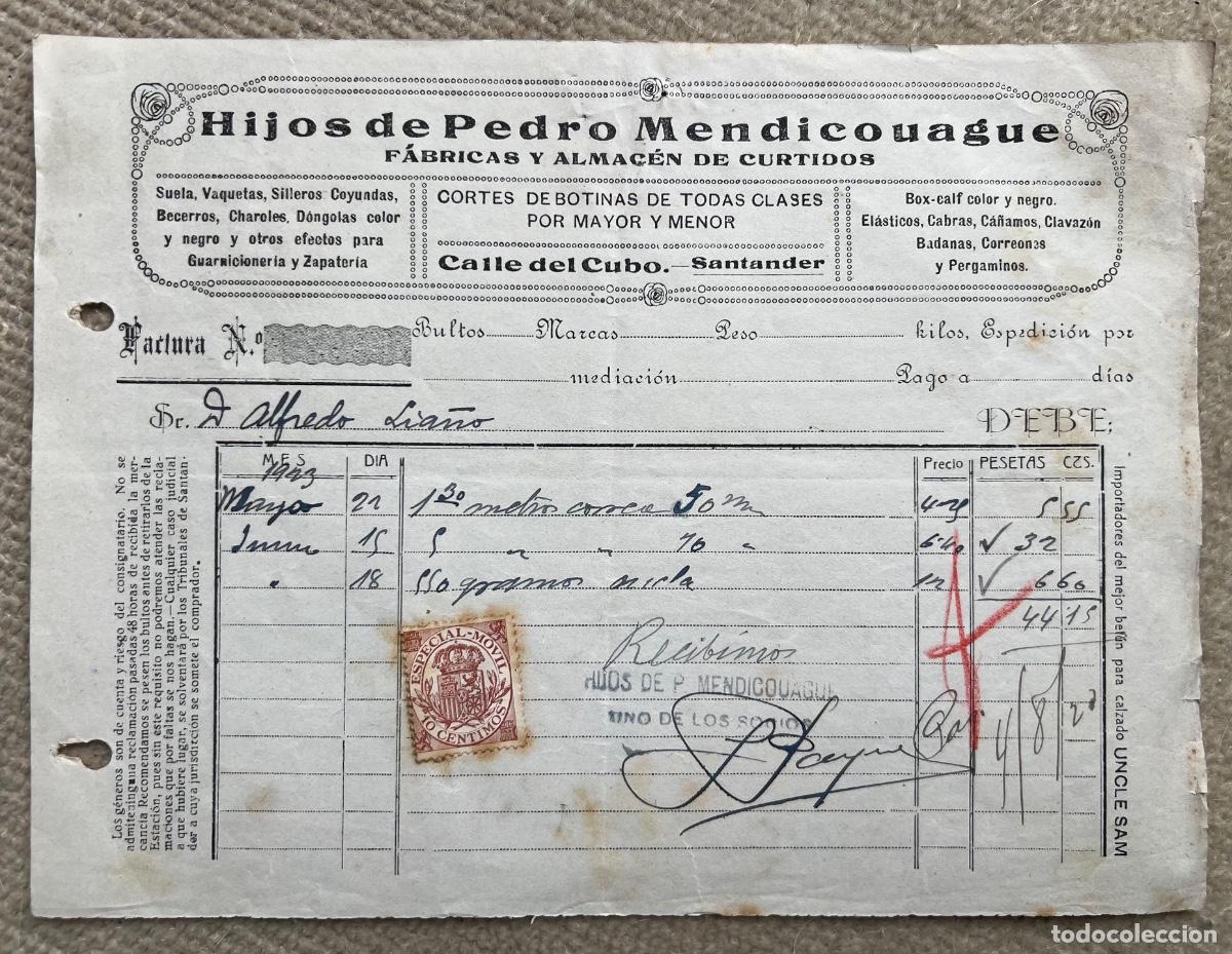Facturas antiguas: Factura de Hijos de Pedro Mendicouague - F&aacute;brica y Almac&eacute;n de Curtidos - Santander. 1923