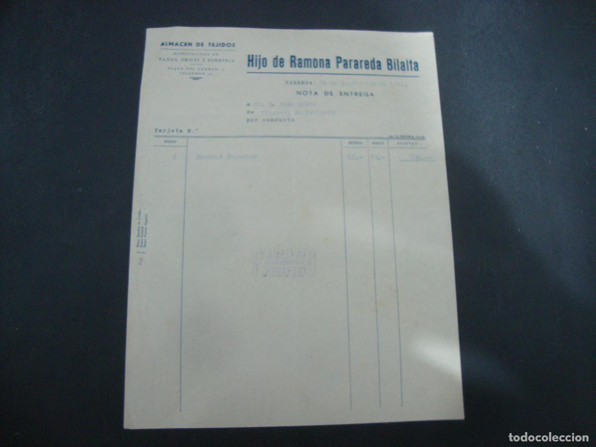 Facturas antiguas: ANTIGUA FACTURA ALMACEN TEJIDOS HIJO DE RAMONA PARAREDA BILALTA TARREGA 1954