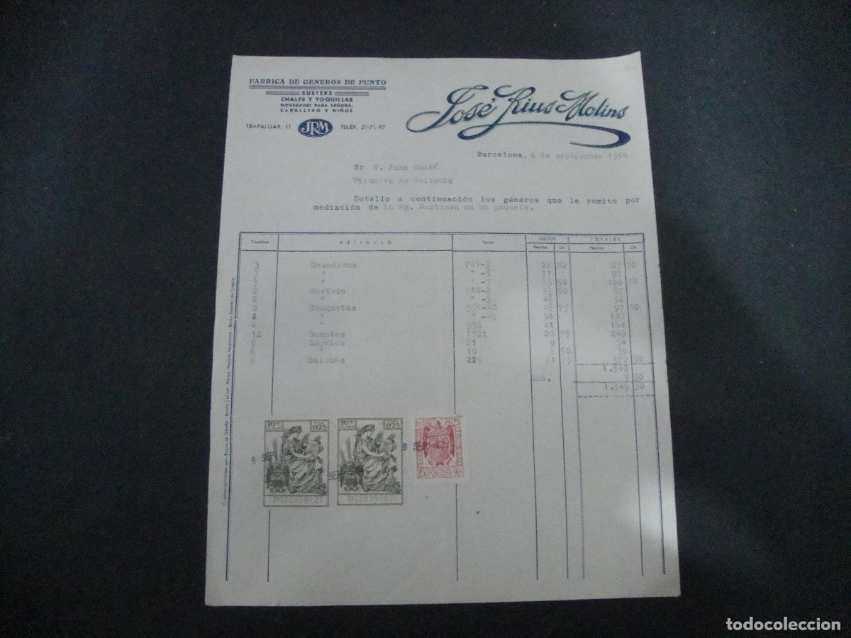 Facturas antiguas: ANTIGUA FACTURA FABRICA GENEROS DE PUNTO JOSE RIUS MOLINS BARCELONA 1954