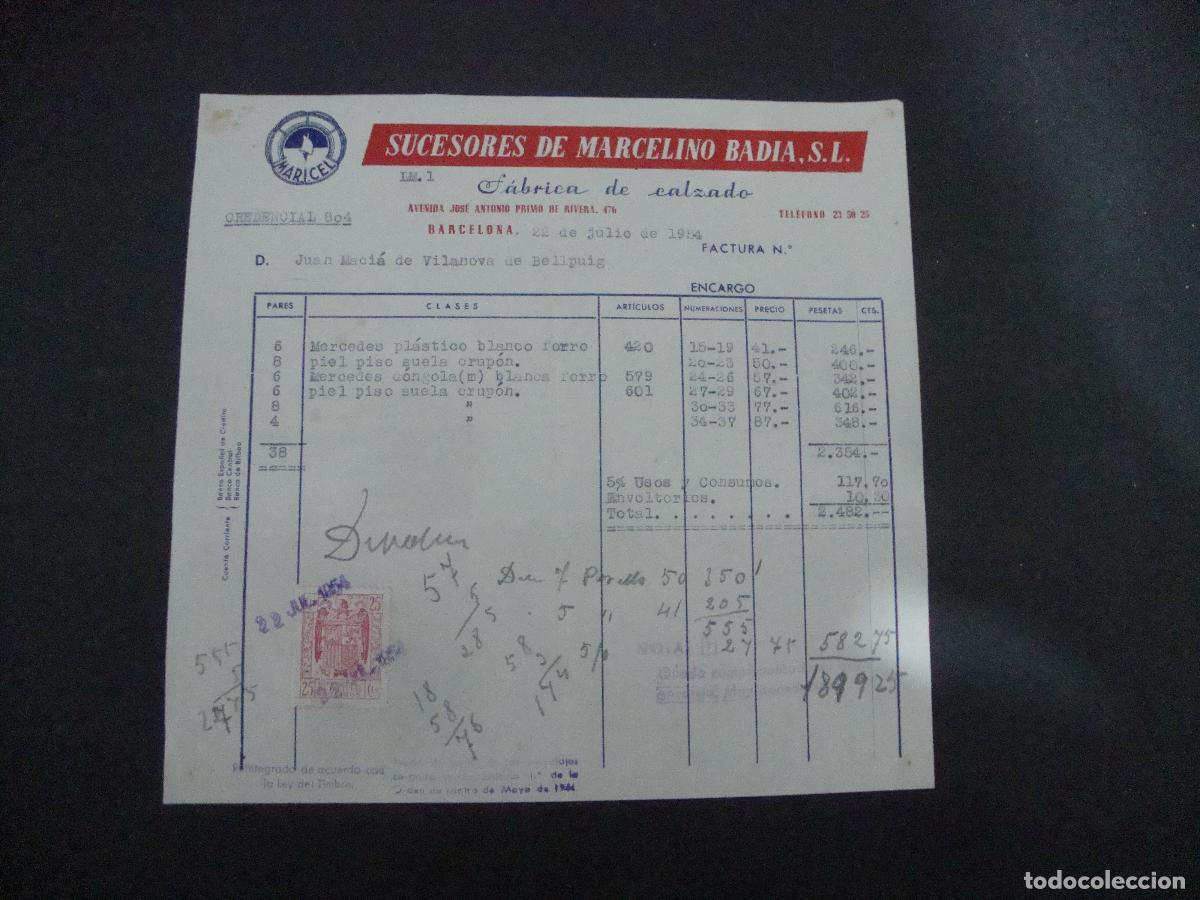 Facturas antiguas: ANTIGUA FACTURA FABRICA DE CALZADO SUCESORES DE MARCELINO BADIA BARCELONA 1954