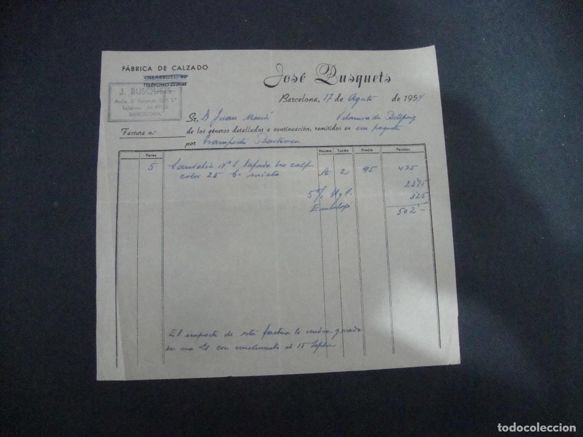 Facturas antiguas: ANTIGUA FACTURA FABRICA DE CALZADO JOSE BUSQUETS BARCELONA 1954